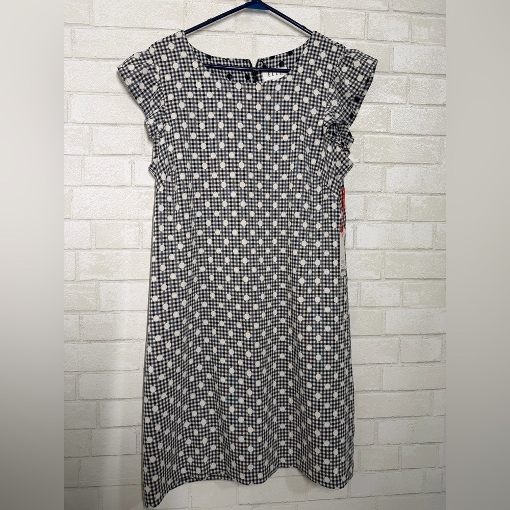 ELLE Size XL Ruffle Sleeve Gingham Polka Dot Stretch Shift Dress #3011